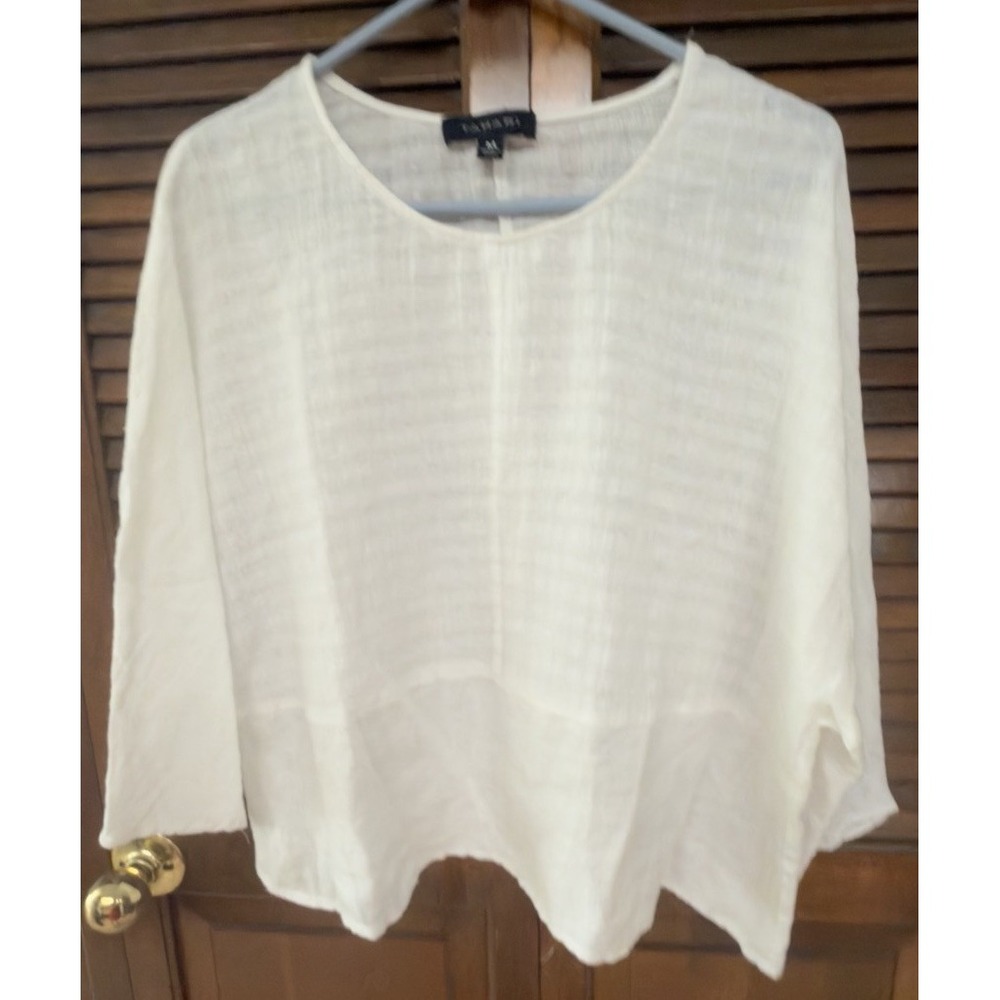Tahari Women's M White Linen Cotton Top 3/4 Sleeve Asymmetrical Hem Blouse
